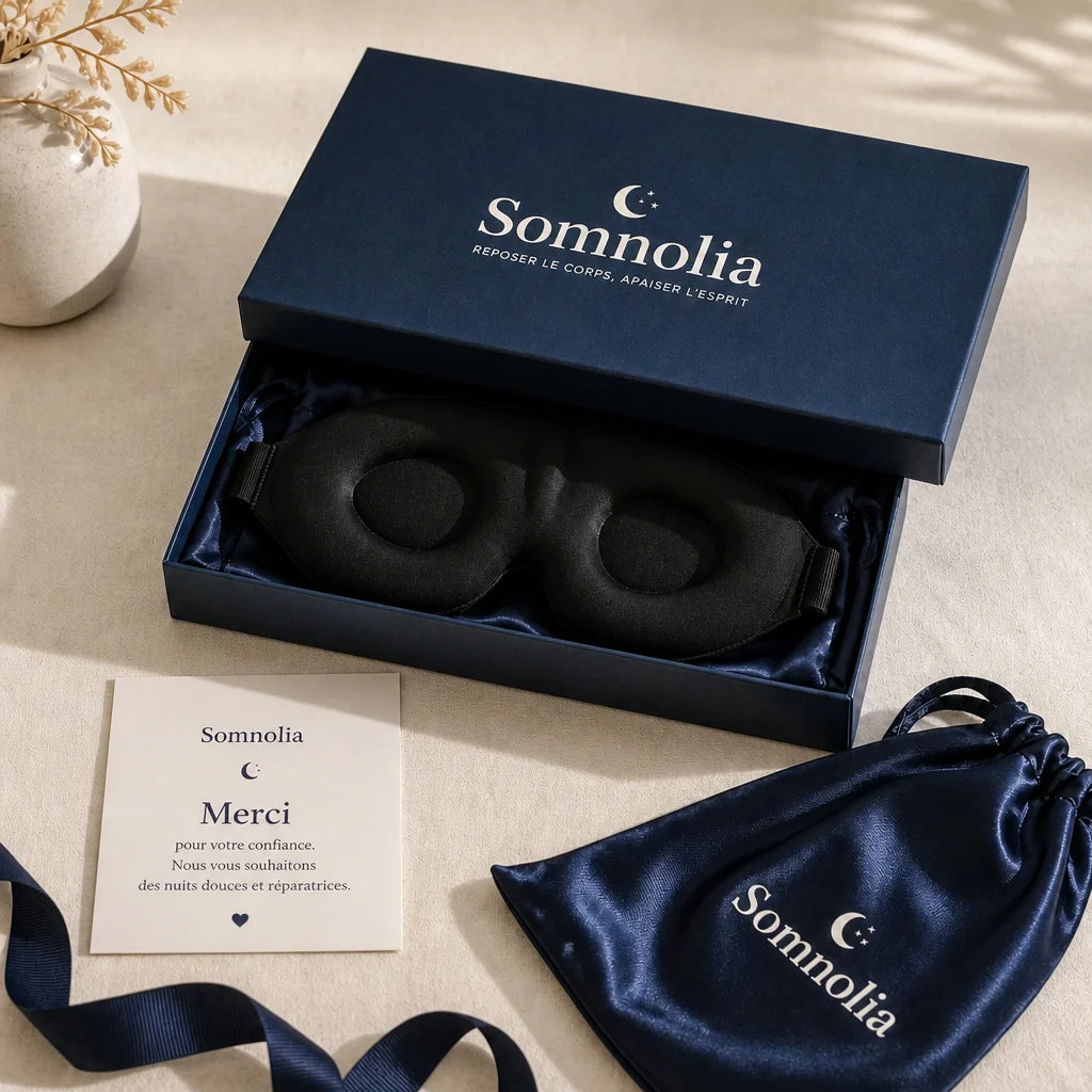 Masque de nuit Somnolia dans son coffret bleu nuit, avec pochette en satin et carte de remerciement