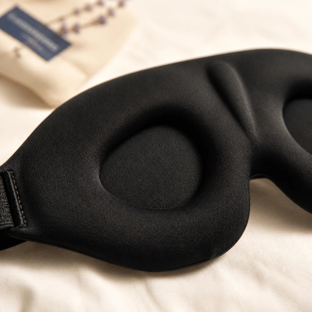 Gros plan des deux coques 3D moulées du masque de nuit Somnolia et de sa sangle élastique
