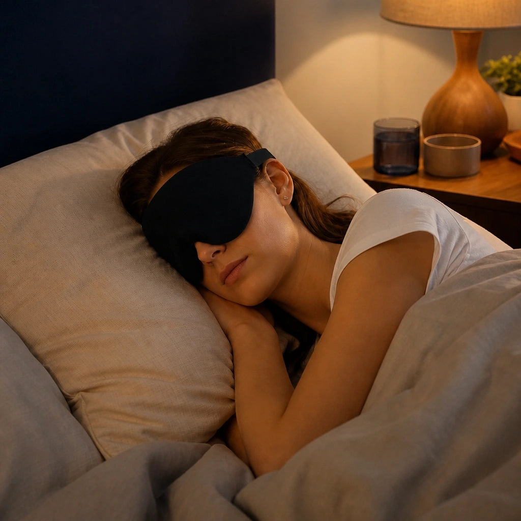 Femme endormie sur le côté portant le masque de nuit Somnolia, chambre en lumière tamisée