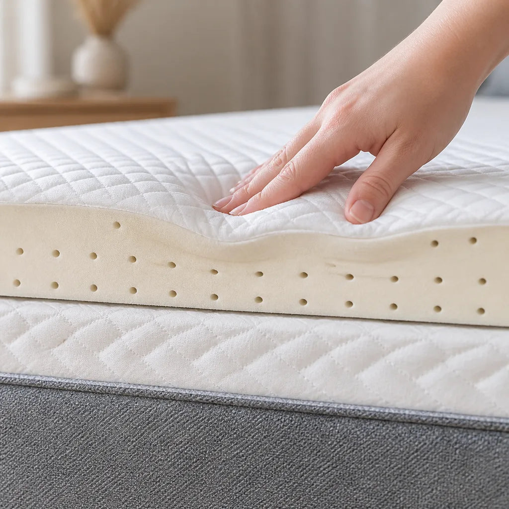 Tranche du surmatelas à mémoire de forme : housse matelassée et mousse ivoire perforée sous la pression d'une main
