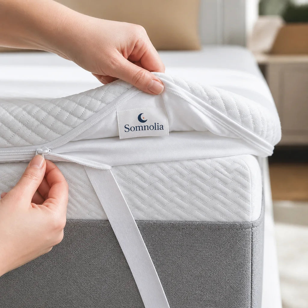Housse déhoussable du surmatelas ouverte par sa fermeture éclair, étiquette tissée Somnolia visible