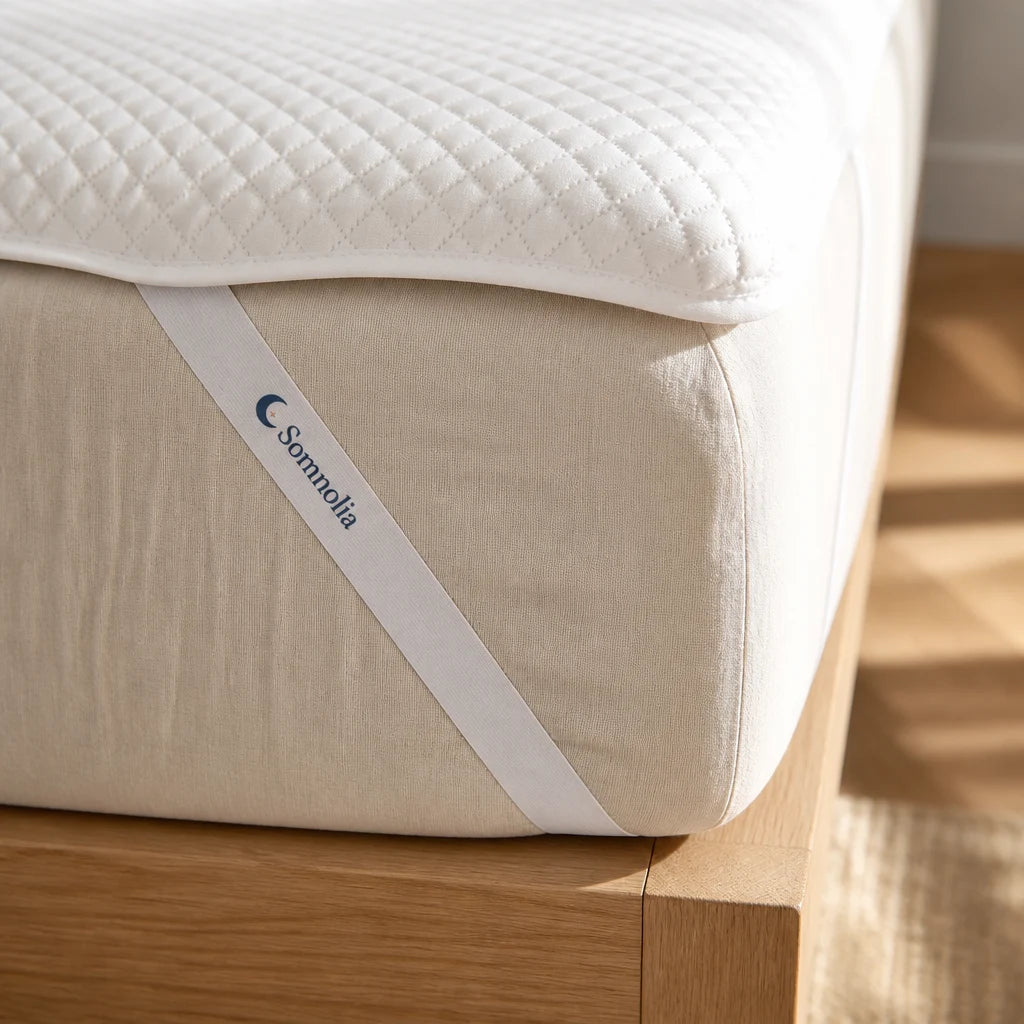 Sangle élastique Somnolia maintenant le surmatelas au coin du matelas